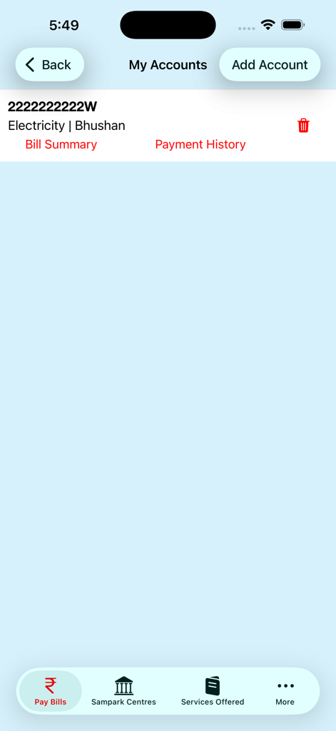 eSampark Chandigarh - My Accounts screen of the eSampark Chandigarh app showing utility bill management for electricity