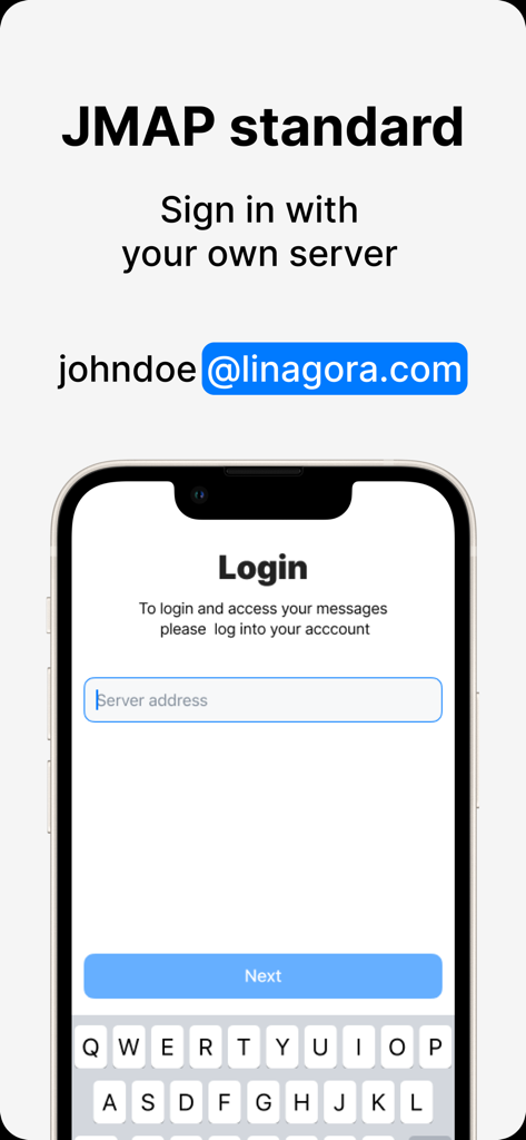 Écran de connexion de Twake Mail présentant la prise en charge du standard JMAP et les options de connexion à un serveur personnalisé.