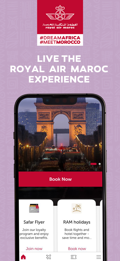 Pantalla de inicio de la aplicación Royal Air Maroc con opciones de reserva de vuelos y programa de lealtad Safar Flyer