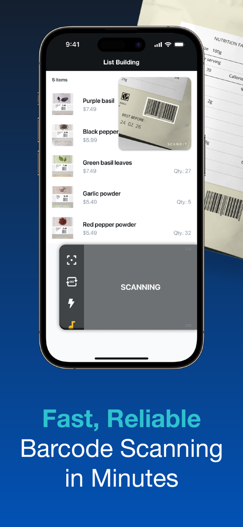 Smartphone displaying the Scandit SDK Showcase app using barcode scanning to build a product inventory list