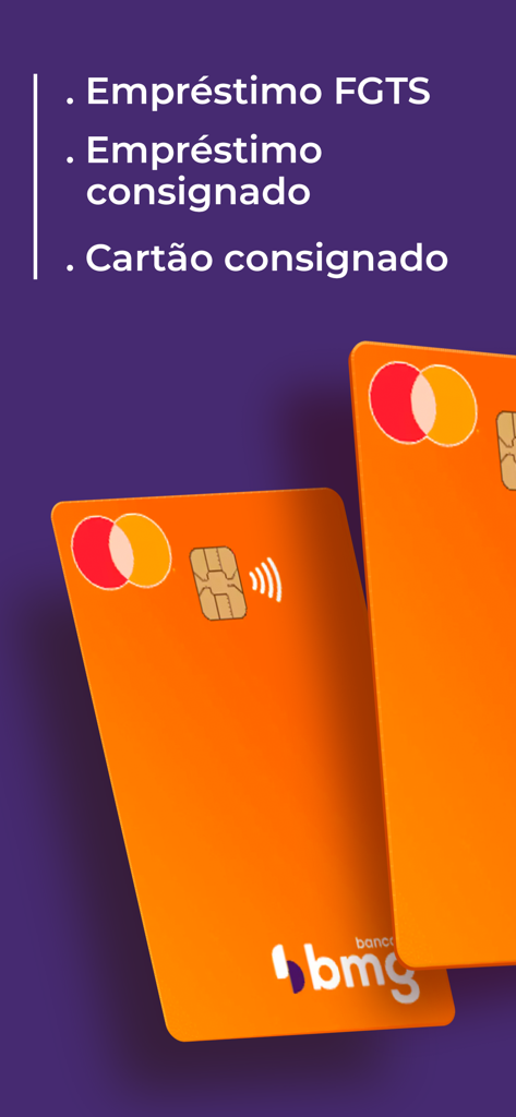 Dois cartões de crédito laranja do Banco Bmg e uma lista de serviços de empréstimo, incluindo FGTS e opções de consignado