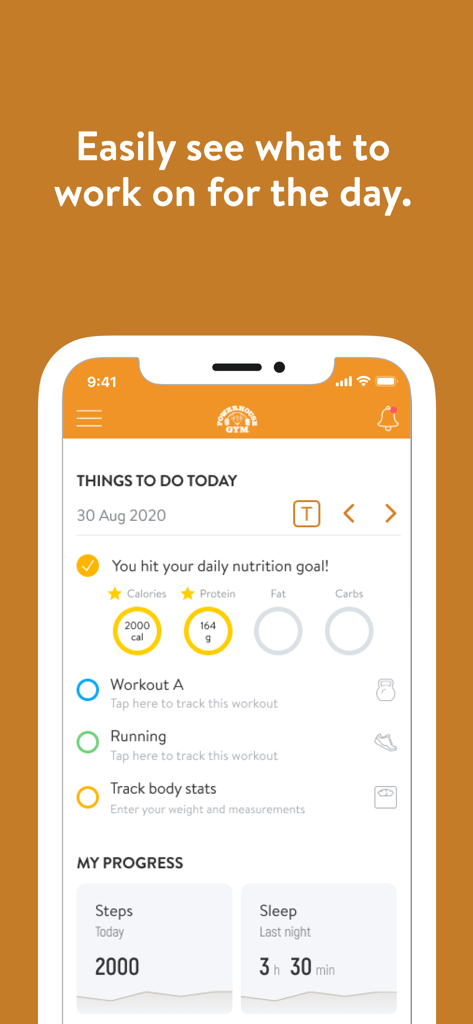Powerhouse Gym. - Daily dashboard of the Powerhouse Gym app displaying nutrition goals and workout tasks