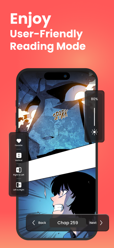 Manga Reader: Daily Update Now - Manga Reader app interface showing customizable reading modes and brightness settings