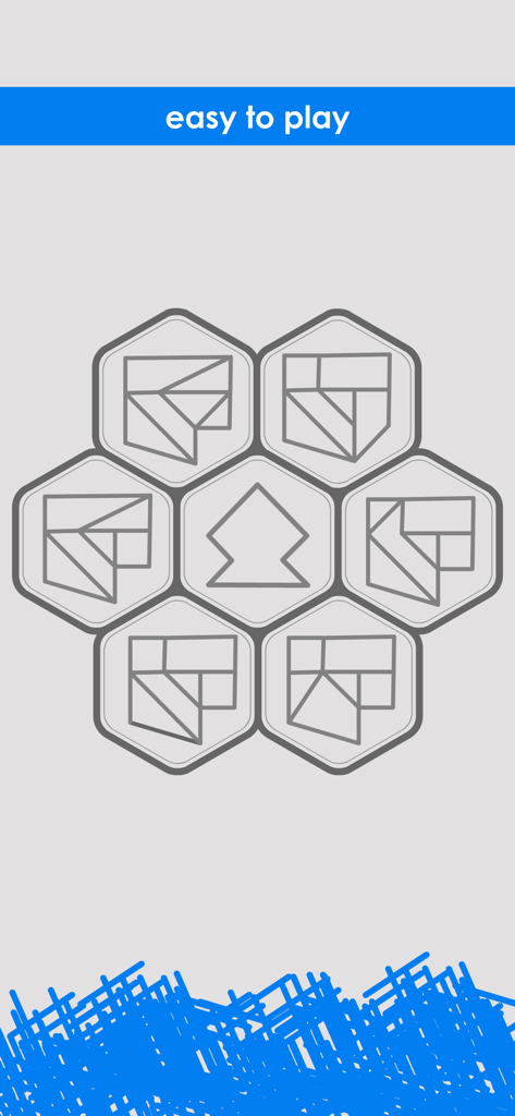 Hidden Shapesアプリのミニマルなパズル画面で、六角形の空間認識能力チャレンジが表示されています