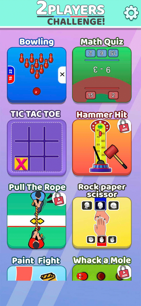2 Player Challenge: Mini Games - Main menu of 2 Player Challenge showing a variety of mini games including Bowling Tic Tac Toe and Math Quiz