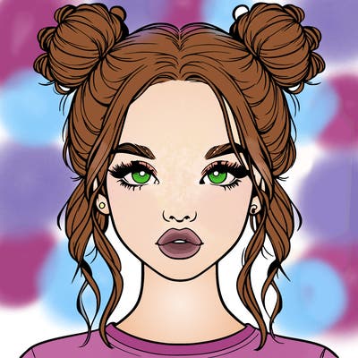 realistic girl with two buns in hair and lips