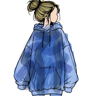 realistic girl with a oversized sweatshirt on and a bun