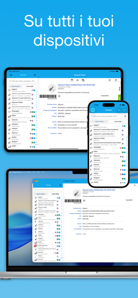 iFarmaci Premium - Interfaz de la aplicación iFarmaci Premium mostrada en iPhone, iPad y Mac con detalles de la base de datos de medicamentos
