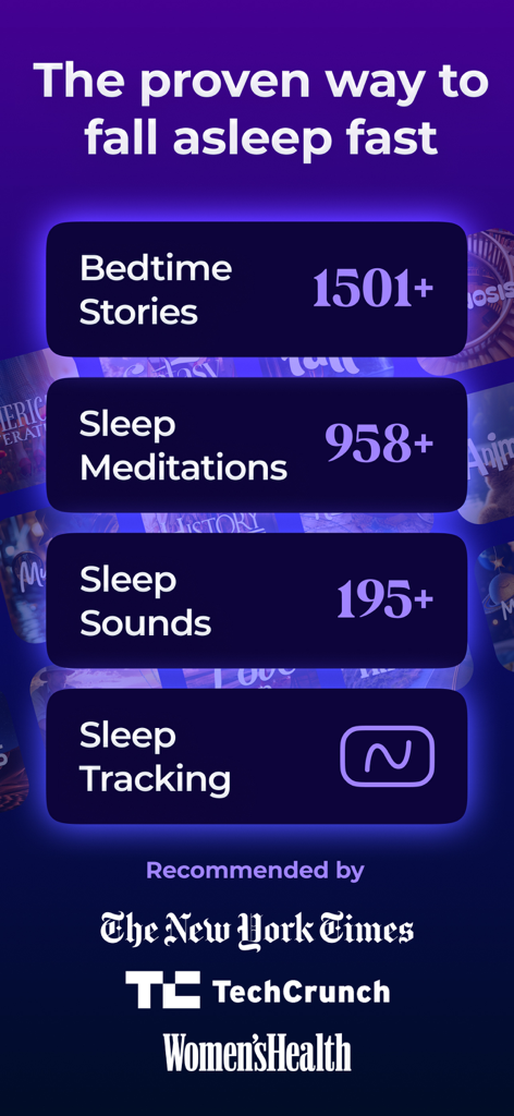 Sleepiest: Sleep Meditations - Sleepiest app interface showing bedtime stories sleep meditations sleep sounds and sleep tracking with endorsements from The New York Times TechCrunch and Womens Health
