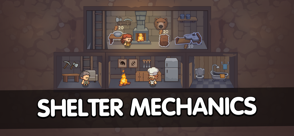 Stone Age Survival: Craft game - Vista del juego de mecánicas de refugio que muestra personajes en diferentes habitaciones para cocinar, construir y dormir.