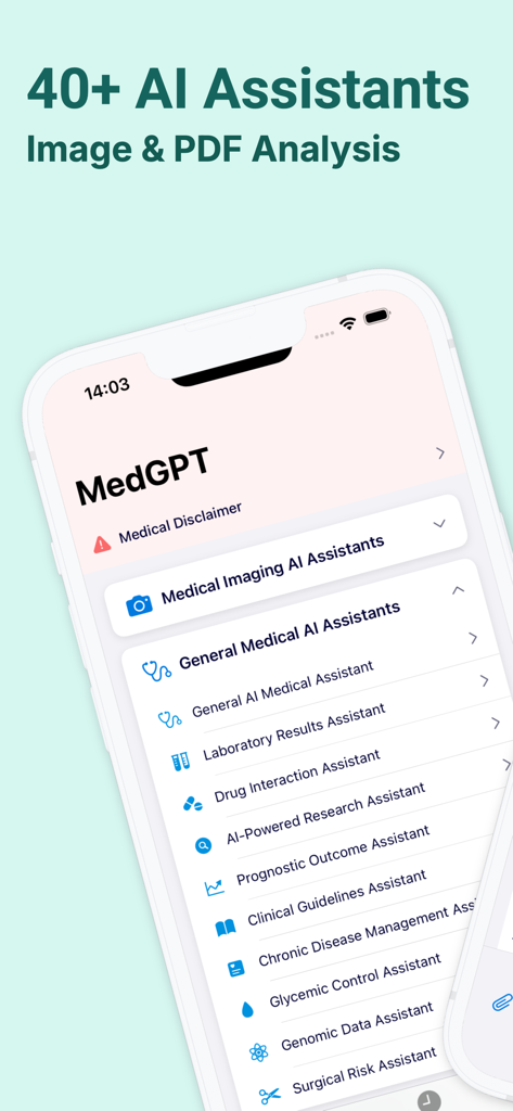 Med GPT: AI Doctor Assistant - Smartphone screen displaying the Med GPT app with a menu of specialized AI medical assistants for healthcare professionals.