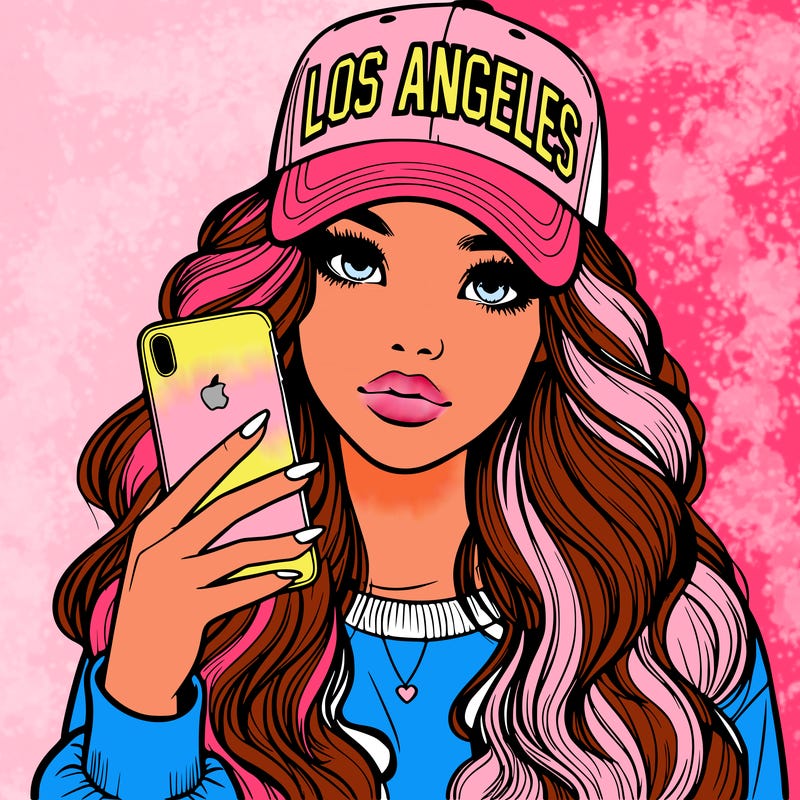 realistic beautiful girl wearing los ángeles cap holding an iphone