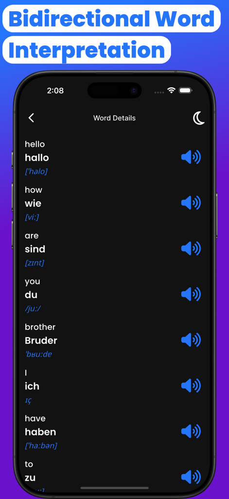 German-English translator app showing a list of common words with phonetic pronunciation and audio icons.
