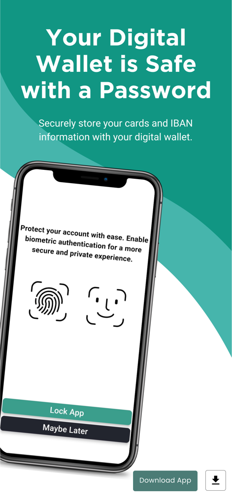 IBAN & Card - IBAN & Card app screenshot showing biometric authentication security options including fingerprint and face recognition