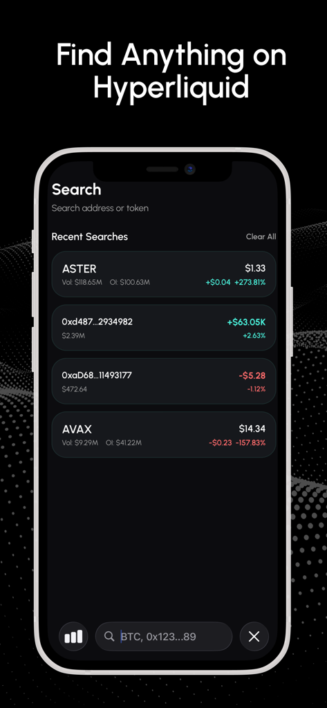 Search screen in the Hyperliquid Tracker app showing recent token and wallet searches