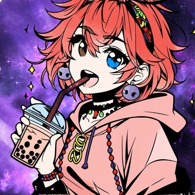 hot baddie anime girl drinking boba and biting the straw