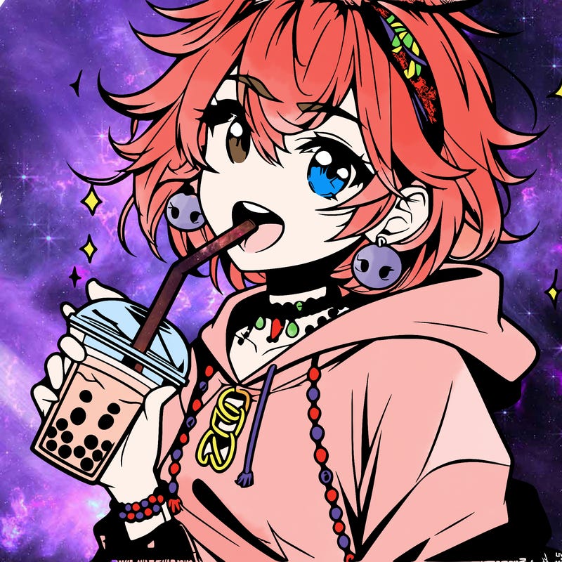 hot baddie anime girl drinking boba and biting the straw