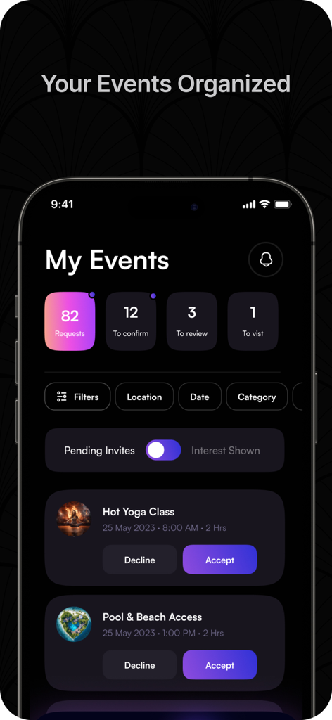 The Secret Society - Interface of The Secret Society app showing the event management screen with influencer collaboration requests for yoga and beach access