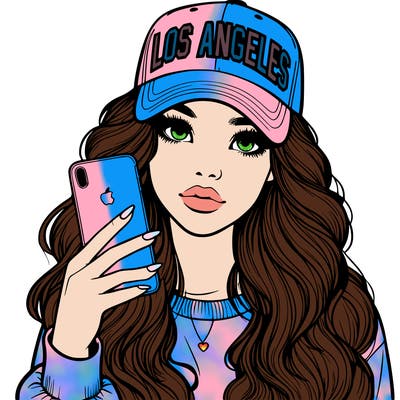 realistic beautiful girl wearing los ángeles cap holding an iphone