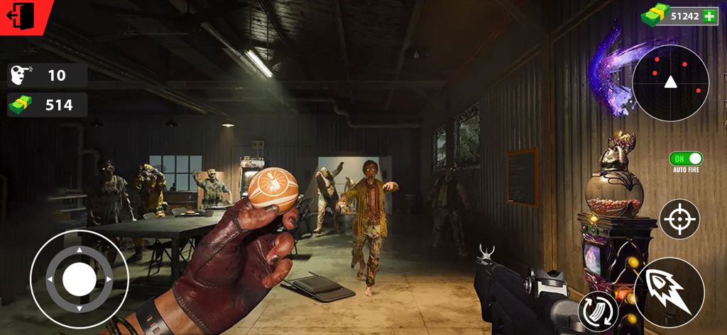 Survive: Zombie Shooting Games - First person shooter gameplay showing a survivor facing zombies in a warehouse in Survive Zombie Shooting Games