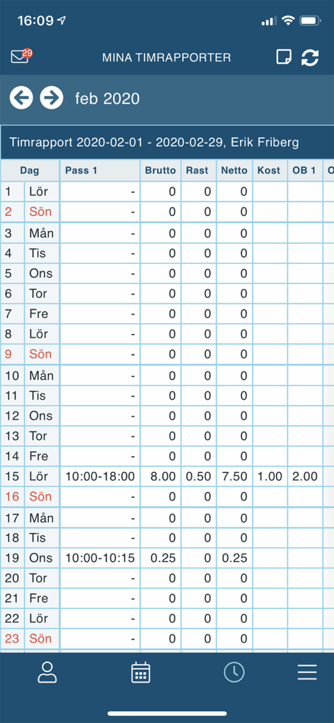 Caspeco Cloud - Mobile screen showing a detailed monthly work hour report for an employee in the Caspeco Cloud app