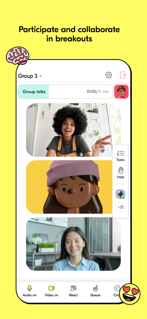 Butter: Virtual workshop tool - Butter app interface showing video call participants in a breakout room group with collaboration tools