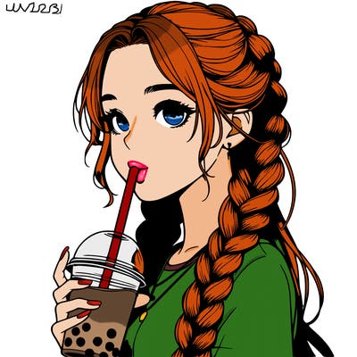 realistic girl with braided hair drinking boba