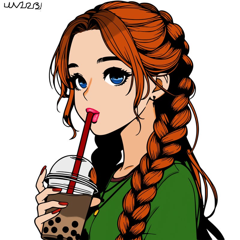 realistic girl with braided hair drinking boba