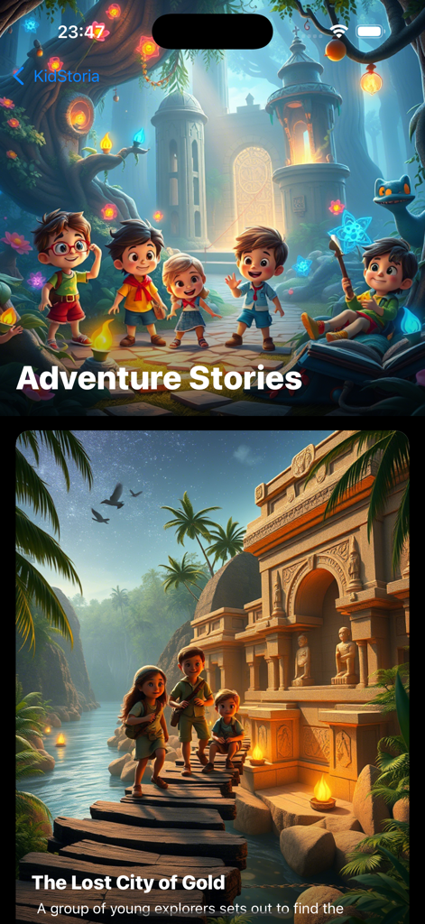 KidStoria - Stories for Kids - KidStoria app interface displaying adventure stories for kids