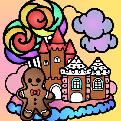candy land with a ginger bread man and a big palace on a cotton candy cloud
