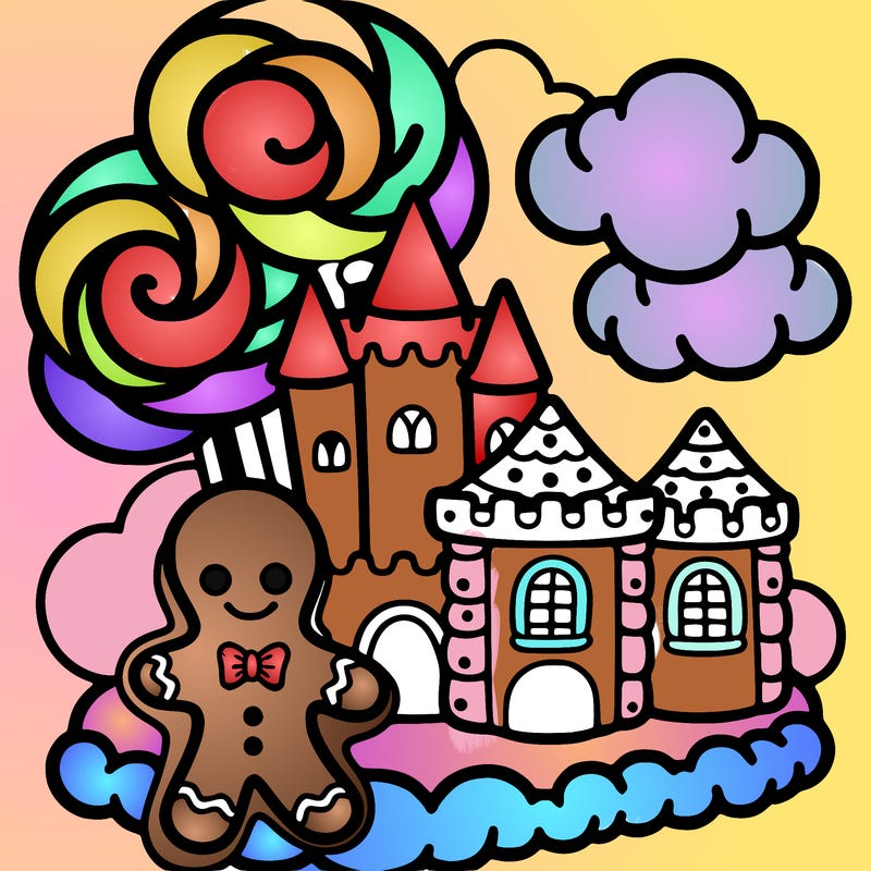 candy land with a ginger bread man and a big palace on a cotton candy cloud