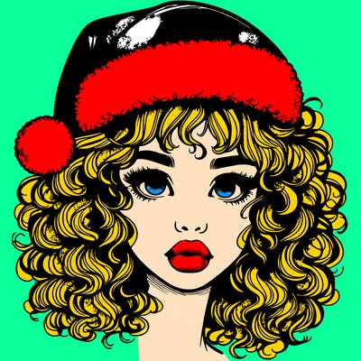 realistic girl with a santa hat curly hair and lips