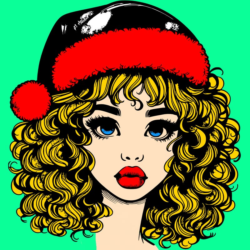 realistic girl with a santa hat curly hair and lips