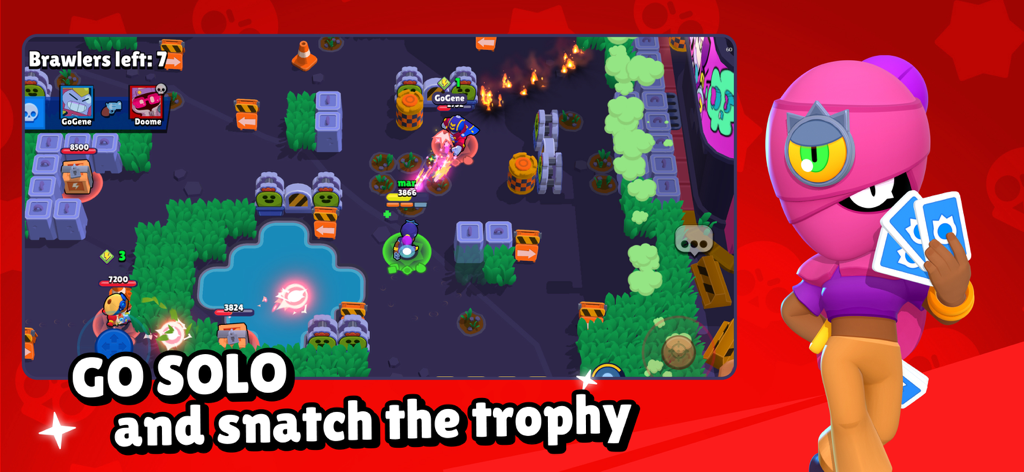 Brawl Stars solo showdown gameplay screen featuring the character Tara in a top down battle arena