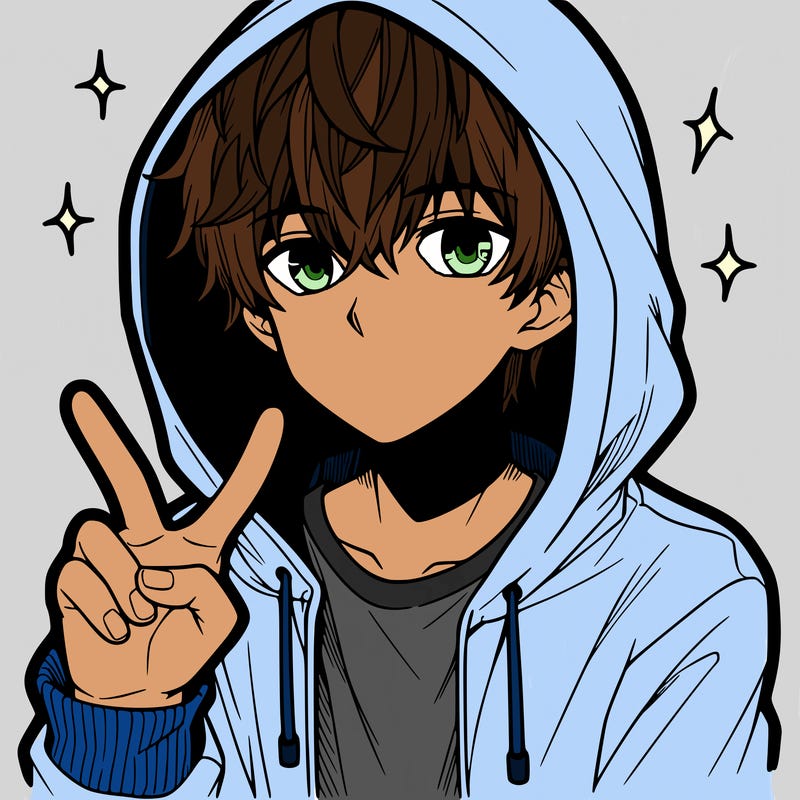 teenage manga boy in a hoodie, doing ✌