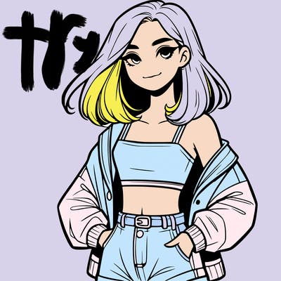 a realistic girl with a crop top and short shorts in an open jacket