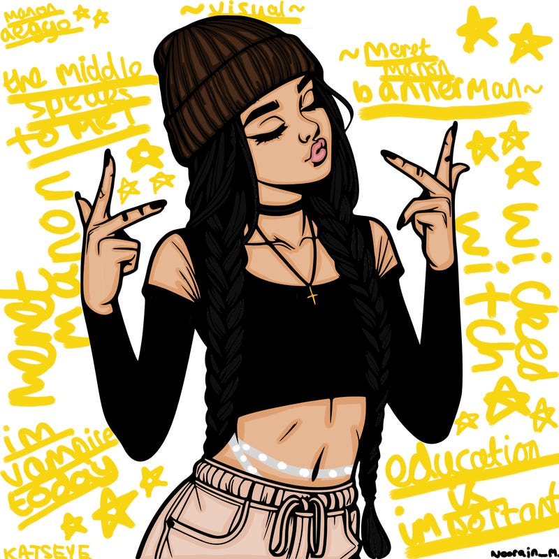 realistic teenage girl with braids and a beanie and crop top doing 🫶🏼