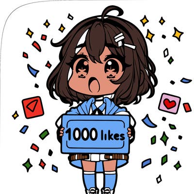 a chibi girl with a shocked expression with a sign that says "1000 likes" with confetti around her