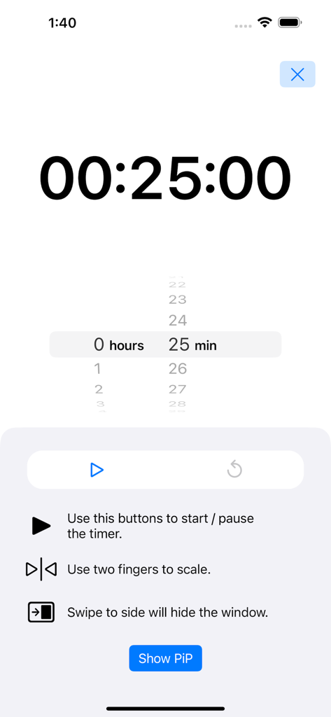 Magic PiP - Interface do aplicativo Magic PiP para configurar um temporizador flutuante com 25 minutos selecionados