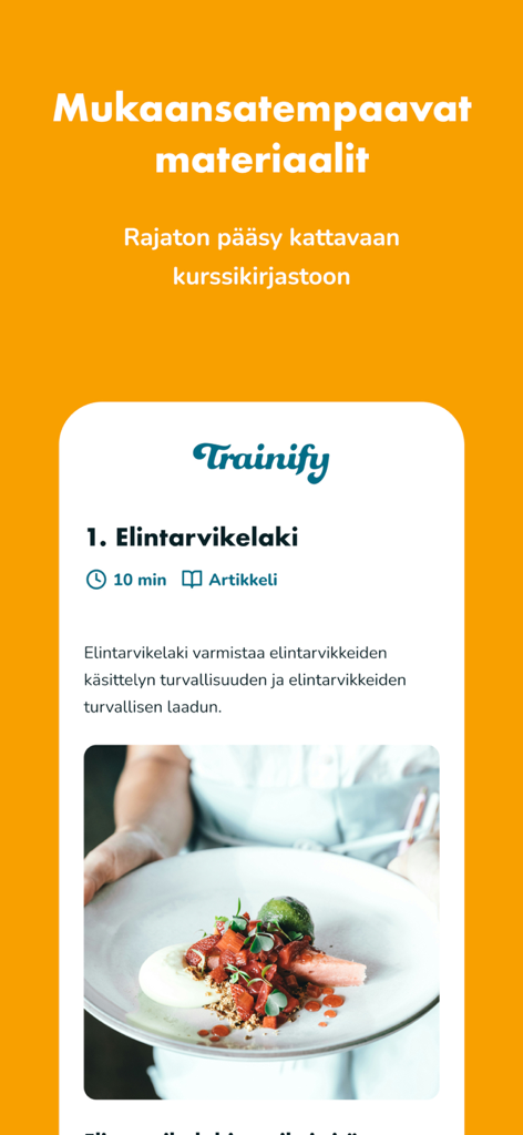 Trainify - La aplicación móvil Trainify que muestra una lección de estudio para la certificación de seguridad alimentaria.