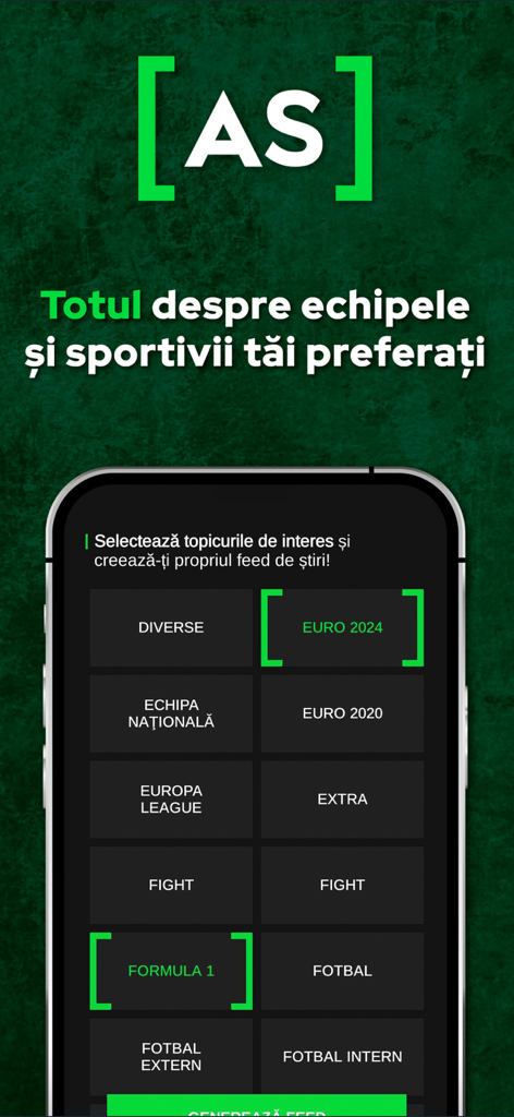 AntenaSport - AntenaSport mobile app interface showing a list of sports categories like Formula 1 and Football for customizing the news feed