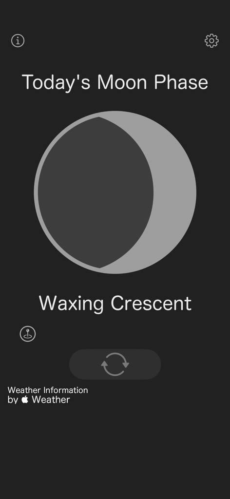 Interface minimalista do aplicativo Lunar Phase mostrando uma lua crescente em um fundo escuro.