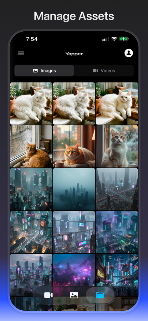 Gallery view of the Yapper AI app showing managed image assets including AI generated cats and futuristic cityscapes.