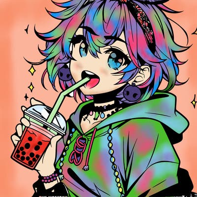hot baddie anime girl drinking boba and biting the straw