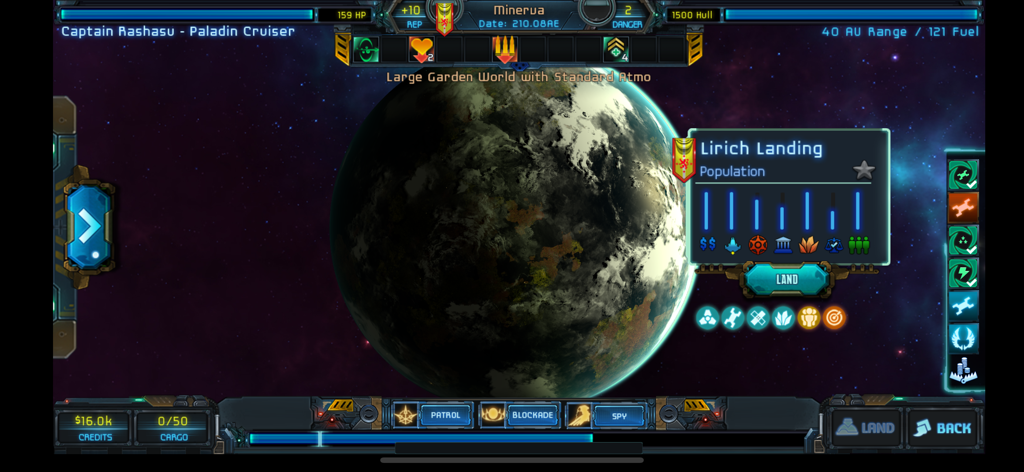 A planetary landing interface in Star Traders Frontiers showing a garden world with population statistics and mission options like patrol blockade and spy