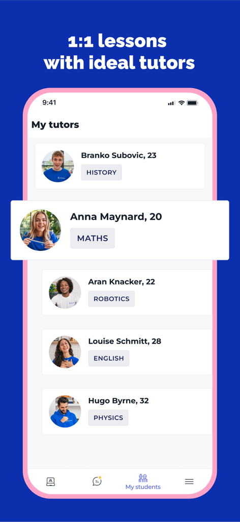 GoStudent 1:1 Online Learning - GoStudent mobile app interface showing a list of personalized 1:1 tutors for various subjects like Maths, History, and Robotics.