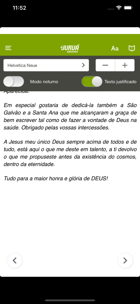 Juruá eBooks - Jurua eBooks reader interface displaying text settings for font size, night mode, and justification.