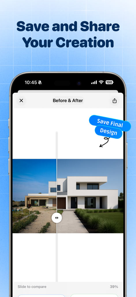 AI Room Planner - Baytee - AI Room Planner app showing a before and after comparison slider for a house exterior