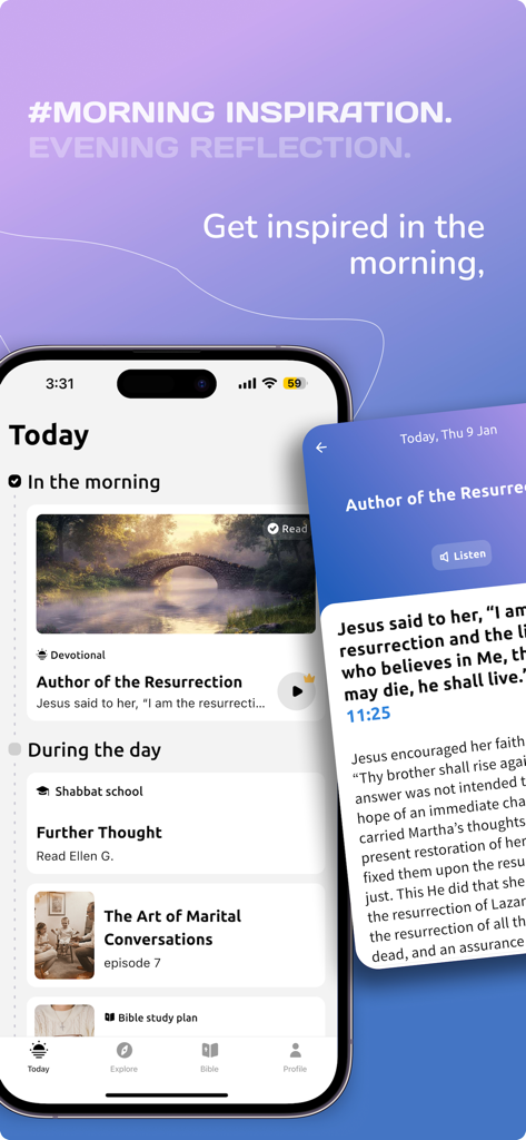 Adventist Devotional app interface showing morning readings Sabbath School lessons and daily inspiration