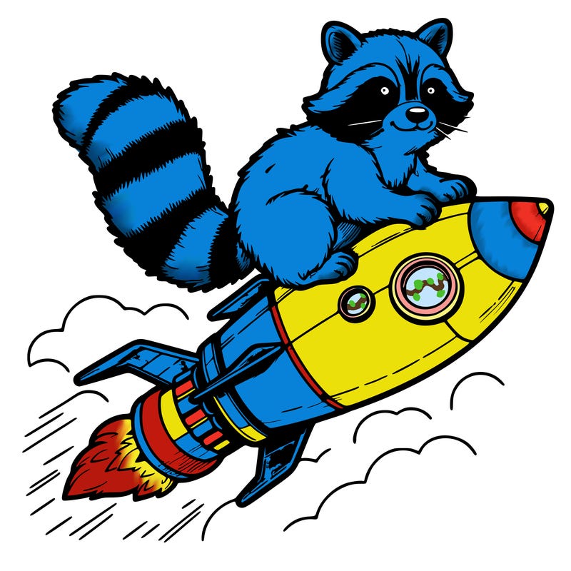 realistic raccoon flying on top rocket ship